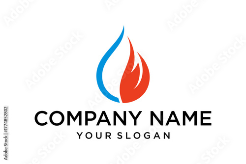 Abstract Blue Water Drop and Red Flame Logo. Modern graphic symbol for gas, energy, plumbing, heating, or cooling company branding concept.