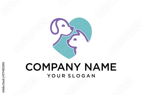 Pet Love Logo Design with Dog and Cat Profiles in a Heart Shape