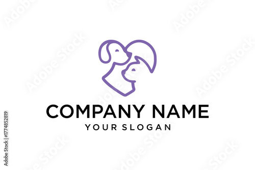 Minimalist Line Art Dog and Cat Pet Care Logo Design with Heart Shape Symbol on White Background
