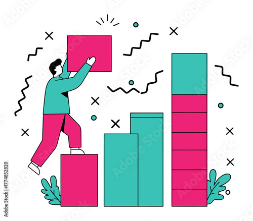 Minimalist Flat Vector Illustration of Person Building Tower