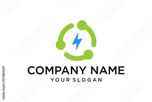 Modern Green Energy Technology Logo with Circular Network and Blue Lightning Bolt Icon
