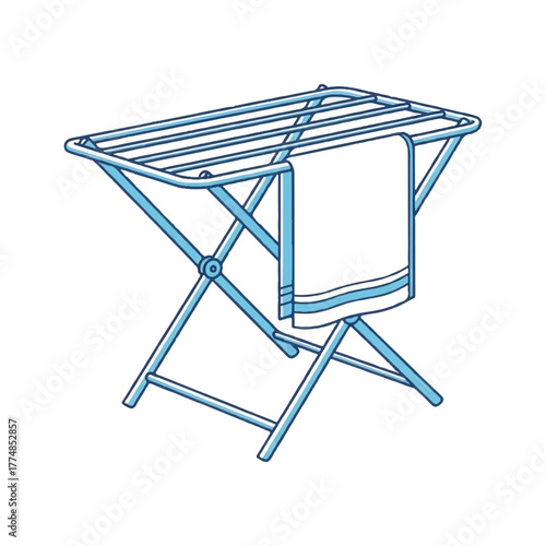 A blue collapsible drying rack with a towel hanging from it viewed from the side