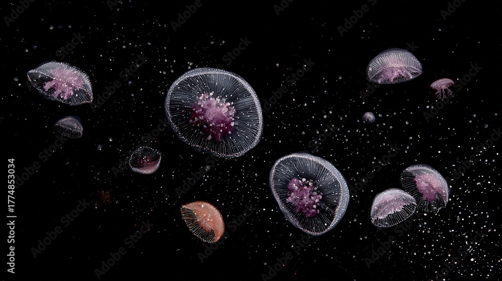 Fototapeta premium Group of jellyfish float on water surface