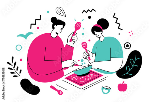 Minimalist Flat Vector Illustration of Person Cooking Balanced Meal