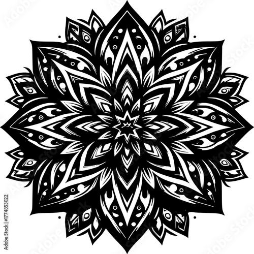 Mandala: A beautiful black and white mandala, a symbol of wholeness and spiritual journey, intricately designed with symmetrical patterns, radiating peace and harmony.