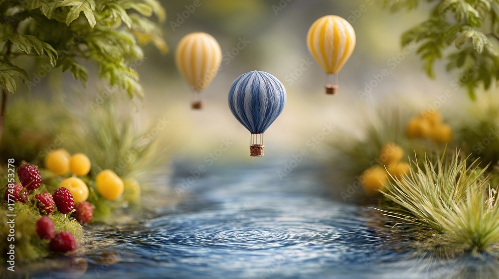 Fototapeta premium A painting of three hot air balloons floating above a stream with strawberries and raspberries in the foreground