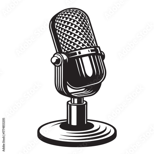 Monochrome retro microphone stands with radiating star elements on a plain white backdrop