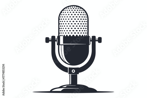 Vintage microphone with detailed grill stands elegantly, displaying a retro, broadcast icon