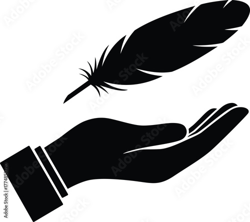 hand with feather silhouette on white background 
