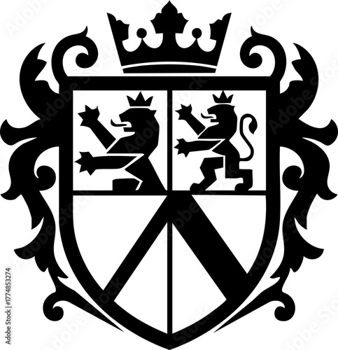 Elegant heraldic crest with lions, crown, and shield for sophisticated branding, regal themes, or historical designs, perfect for premium products or services