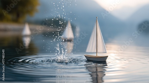   A tiny boat drifts atop a tranquil body of water alongside a row of small, pristine white sailboats along the shore