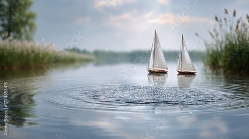   Boats float on water near green grass, under blue clouds