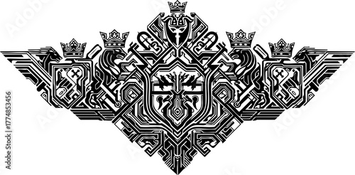 Intricate black and white heraldic emblem with lions and crowns, symbolizing power, heritage, and modern design aesthetics.