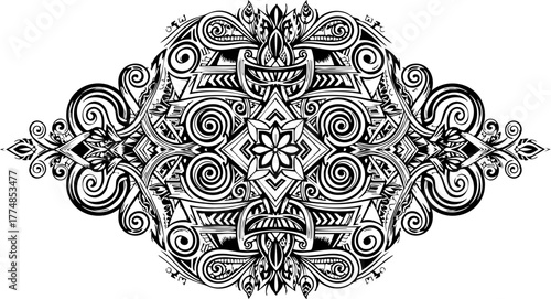 Intricate black and white ornamental design with symmetrical patterns evoking ancient artistry and modern elegance for diverse creative projects