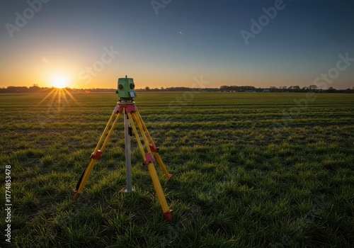 Surveying marker pillar standing in a field used for precise geodetic distance measurement and triangulation points, calibration, distance, positioning
