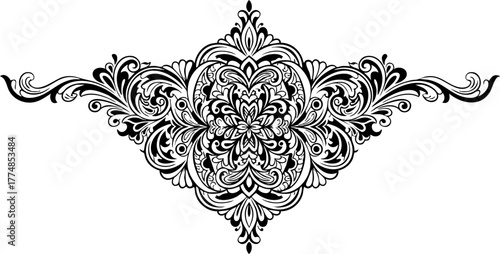 Elegant black and white decorative flourish with intricate floral and scrollwork details, perfect for invitations, borders, and sophisticated designs.