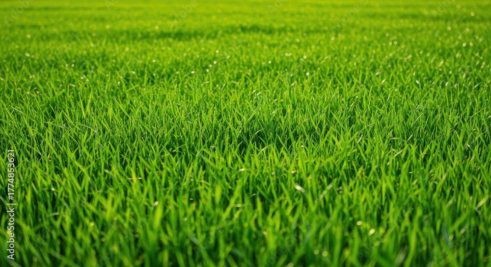 Obraz premium Vibrant, lush green meadow captured during bright daytime hours. Nature background showcasing fresh growth and fine texture, clear, idyllic, texture