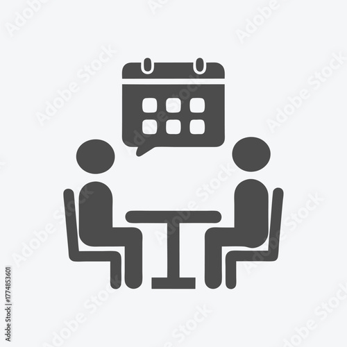 Three black figures converse at a rectangular table, speech bubbles appearing above them