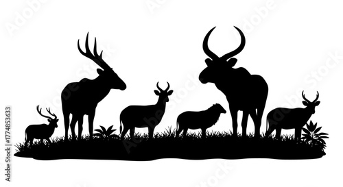 Silhouette of deer, elk, sheep, and other horned animals standing on grass.