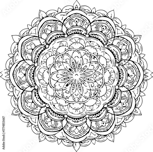 Intricate black and white mandala design offers peaceful symmetry and a calming visual experience for meditation and mindfulness.