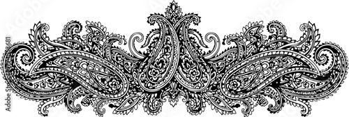 Intricate black and white paisley border design with delicate floral swirls and ornate detailing, perfect for elegant invitations or vintage decor