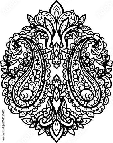 Intricate paisley floral motif design, elegant decorative element for sophisticated textile patterns and luxurious branding applications