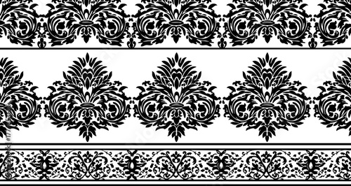 Elegant black and white ornamental borders with intricate damask patterns, perfect for luxury design and sophisticated branding applications.
