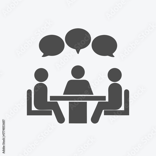 Three faceless people engage in a discussion around a rectangular table with dialogue