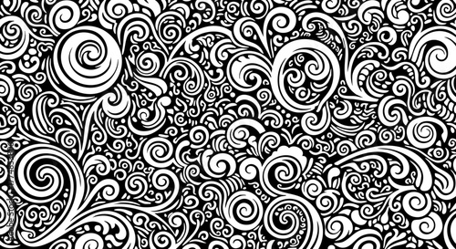Intricate black and white swirling organic floral pattern with vintage baroque elegance and modern artistic flair creating a captivating decorative background.