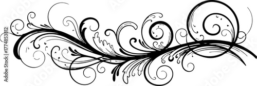 Elegant black flourish design with intricate swirls and organic shapes, perfect for invitations and decorative elements.