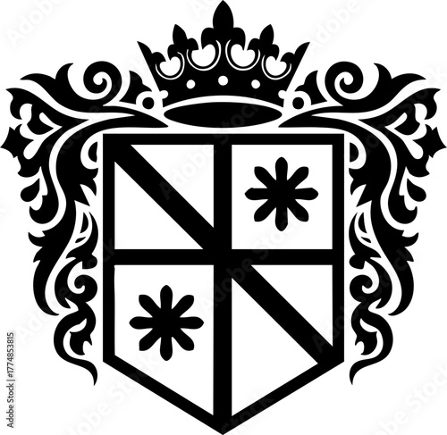 Elegant heraldic crest featuring a royal crown and ornate flourishes signifying heritage, nobility, and distinguished legacy