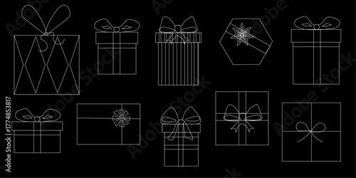  Minimal linear vector set of gift box icons with bows and ribbons. Perfect for Christmas and birthday cards, web design, stickers, packaging, laser cutting, engraving, and festive illustrations.