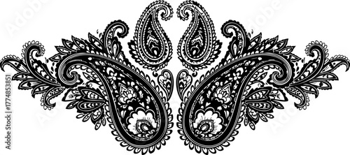 Elegant black paisley motif flourishes with intricate floral details, evoking timeless style and exotic charm