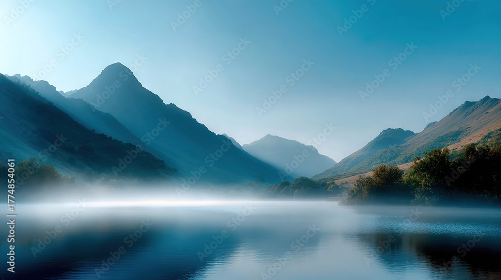Naklejka premium A serene lake surrounded by lush foliage and enveloped in mystical fog