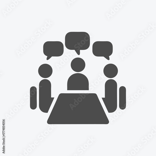 Three figures are sitting around a table, with speech bubbles above them