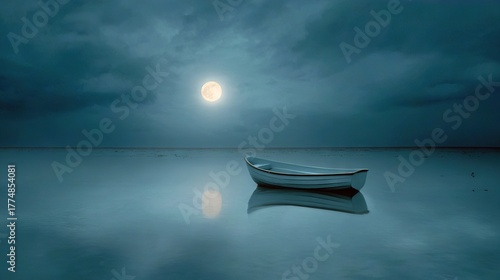   A small boat glides atop water's surface 'neath a moonlit sky, with a full moon in the distance