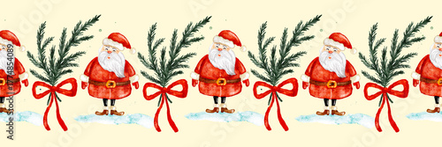 Watercolor santa claus and evergreen border for christmas ribbons design.