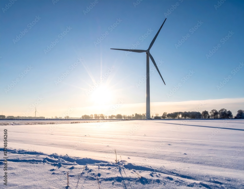 Fototapeta premium Wind turbine standing in snowy field capturing renewable energy