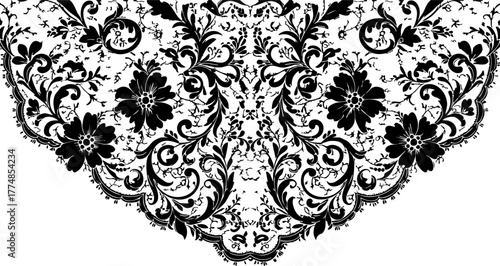 Elegant black floral lace pattern with intricate swirls and blossoms, perfect for vintage design projects and sophisticated textile applications.