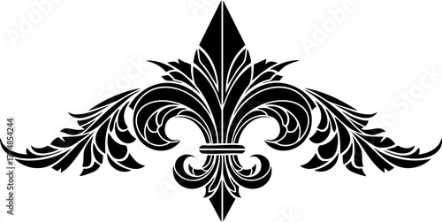 Elegant black fleur de lis emblem with ornate swirling foliage creating a sophisticated decorative flourish for luxurious design projects