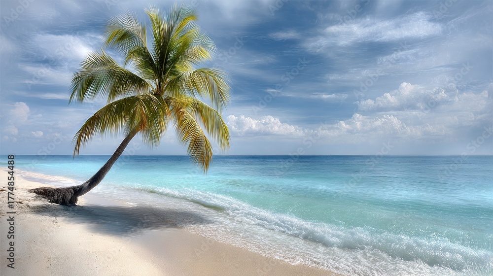 Obraz premium A palm tree atop a sandy beach, near the ocean on a sunny day with cloudy skies