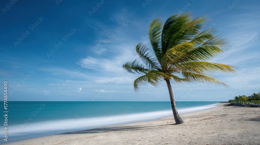 Obraz premium An image of a palm tree on a beach with the ocean and sky in the background is ideal for a relaxing getaway