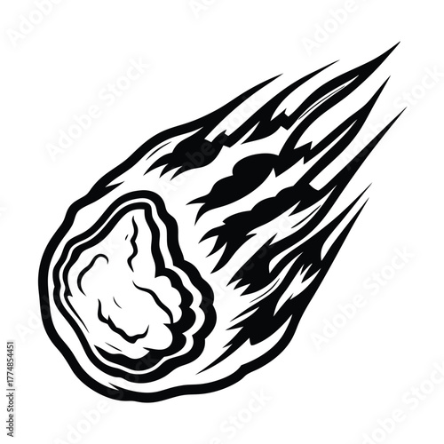 Monochrome comet illustration shows dynamic tail and space rock hurtling through the dark night