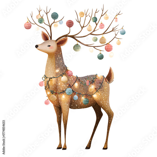 Cartoon deer wearing antlers decorated with ornaments and lights Isolated on transparent Background.