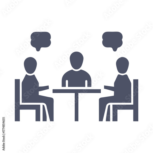 Three people sit at the table, discussing something with thought bubbles above