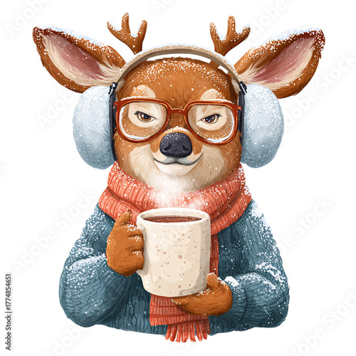 Cartoon deer wearing earmuffs and holding a mug of hot cocoa Isolated on transparent Background.