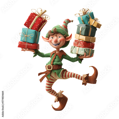 Cartoon elf balancing gifts while wearing pointy shoes and a cheerful grin Isolated on transparent Background.