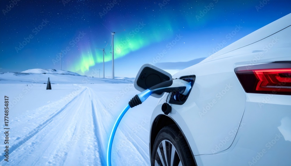 Fototapeta premium Electric car charging renewable energy with aurora borealis