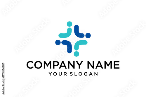 Modern Abstract People Connection Logo Design with Stylized Human Figures Forming a Cross Symbol in Blue Hues