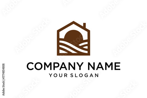 Minimalist House Logo with Sun and Field Landscape Design